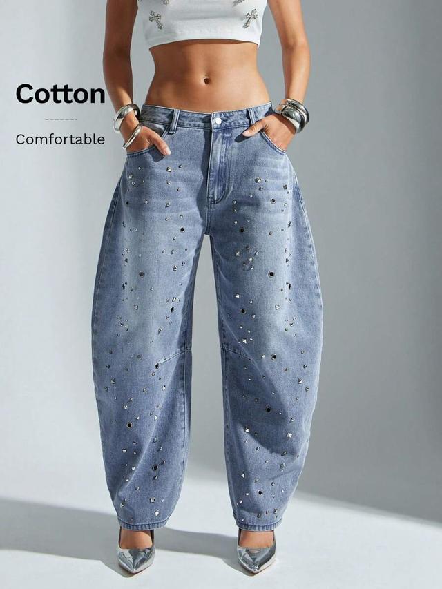 light wash studded barrel leg denim jeans