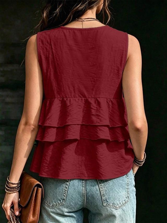burgundy tiered ruffle sleeveless casual tank top