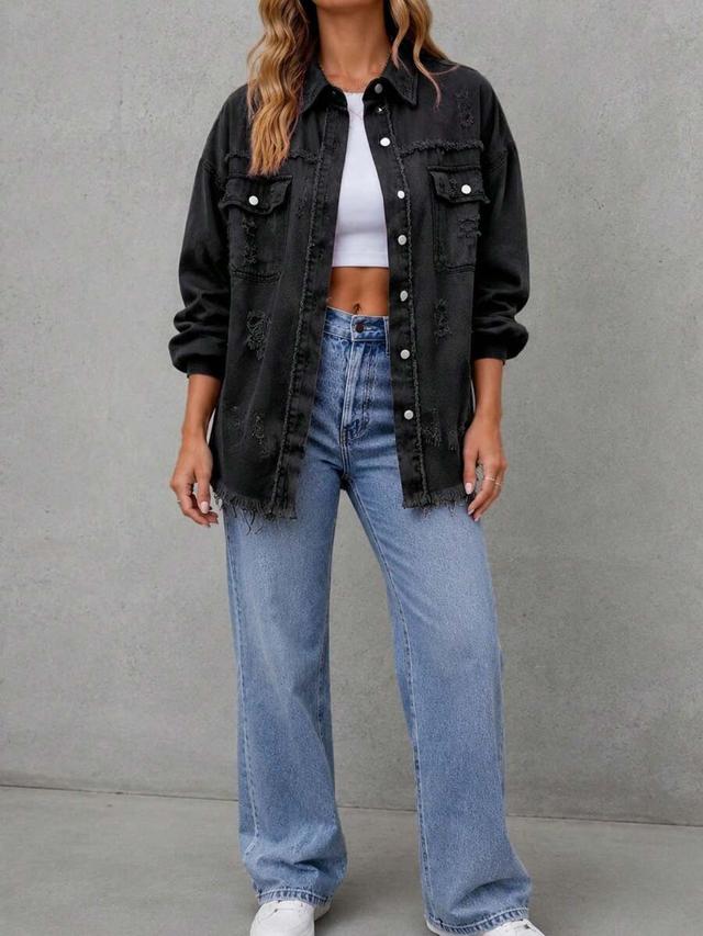 dark grey women's solid distressed fringe denim shirt jacket