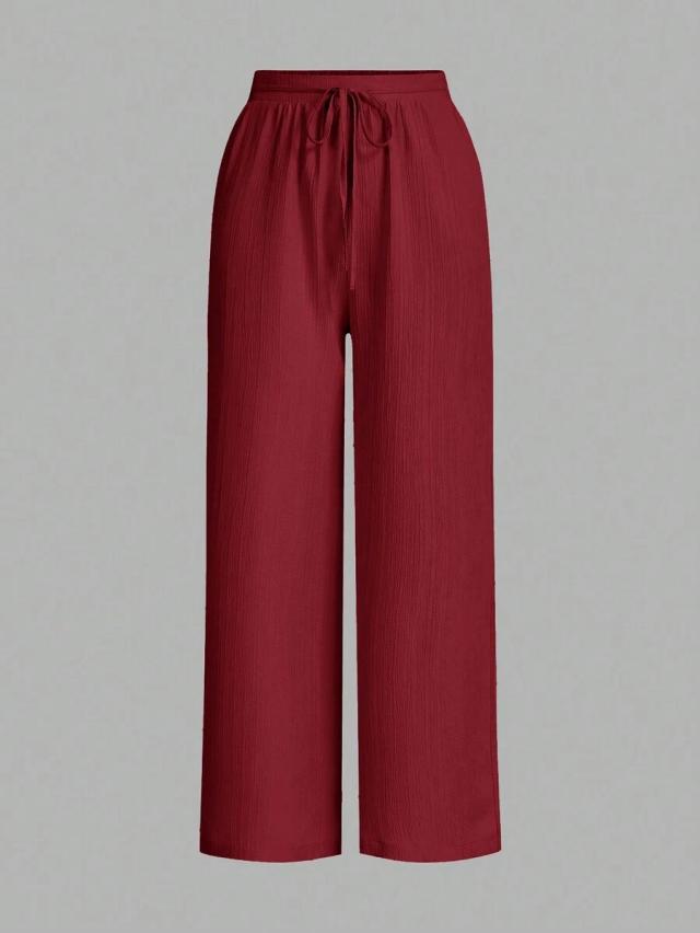 burgundy waist-tie wide leg loose casual pants