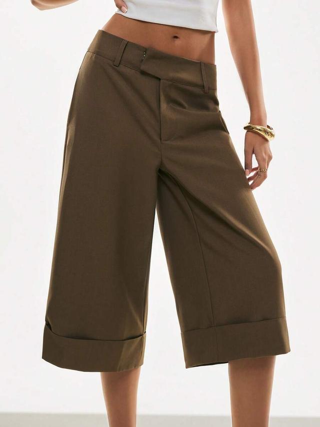 brown wide-leg cuffed commuter trousers