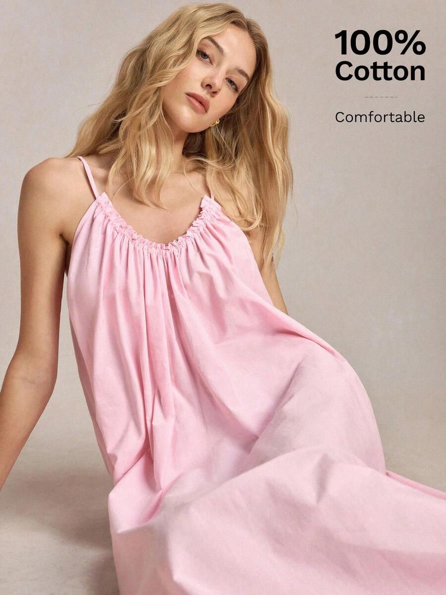 pink cotton ruched spaghetti strap midi dress