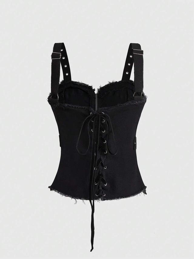 black pentagram print denim corset top