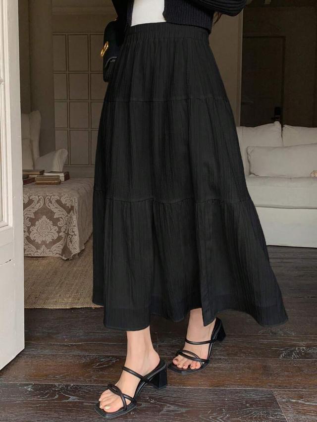 dazy designer women's black textured ruffle midi skirt
