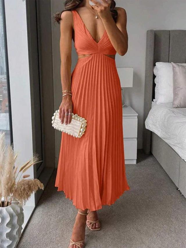 orange v-neck emerald green pleated midi dress with cutouts