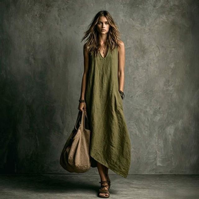 olive green sleeveless asymmetrical vacation casual dress