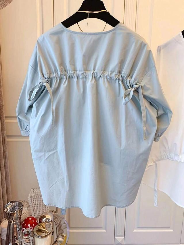 white round neck lantern sleeve high-low drawstring shirt