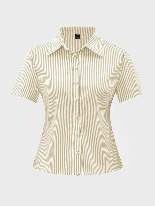beige and white striped short sleeve slim blouse
