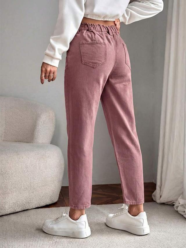dusty rose paperbag waist straight leg denim jeans