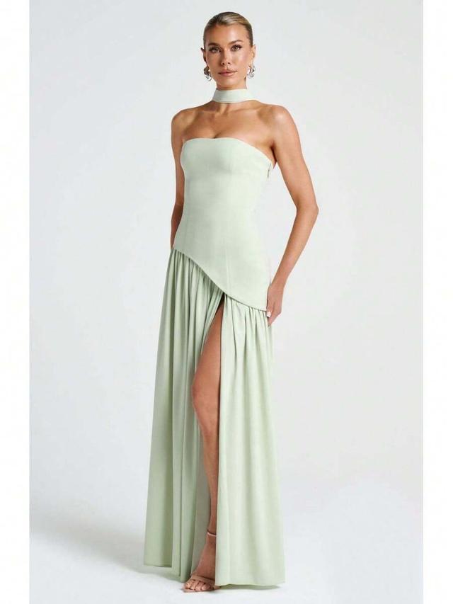 mint green strapless gown with asymmetric draped bodice