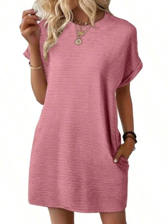 pink textured shift dress with pockets