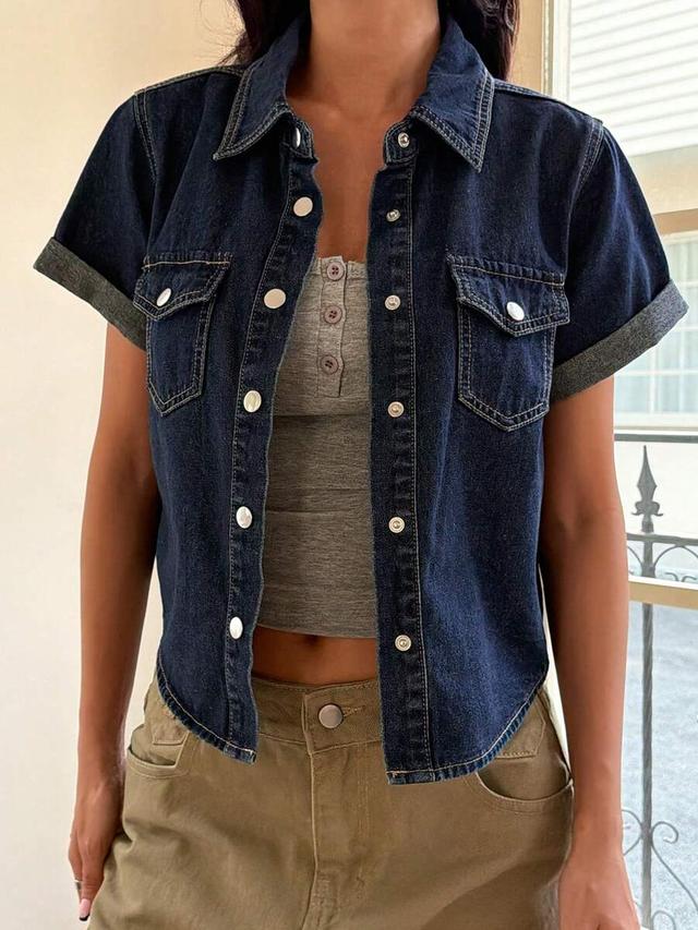 washed denim short sleeve collared button down top
