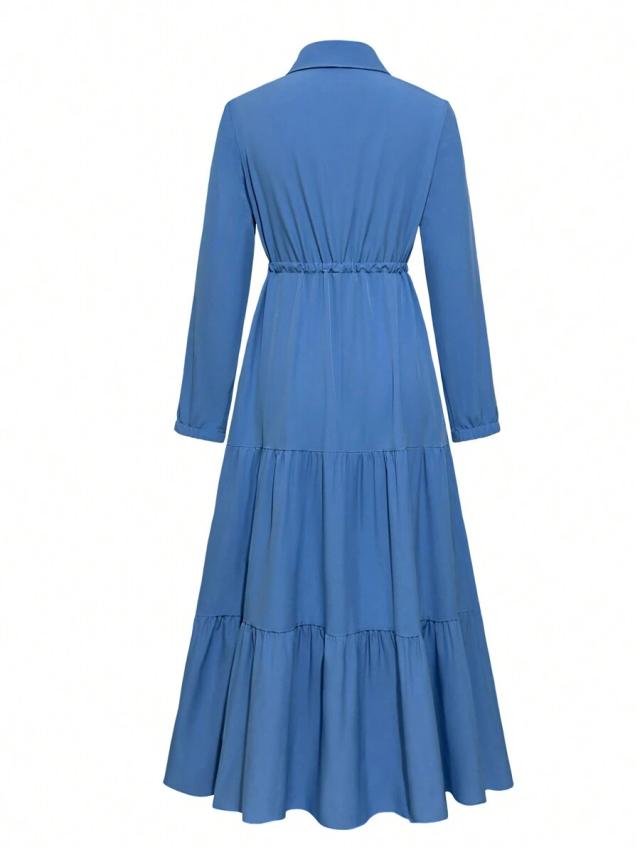 solid blue cinched waist ruffle hem shirt dress