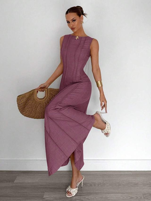 rose pink siren gaze sleeveless a-line dress with vertical pleats
