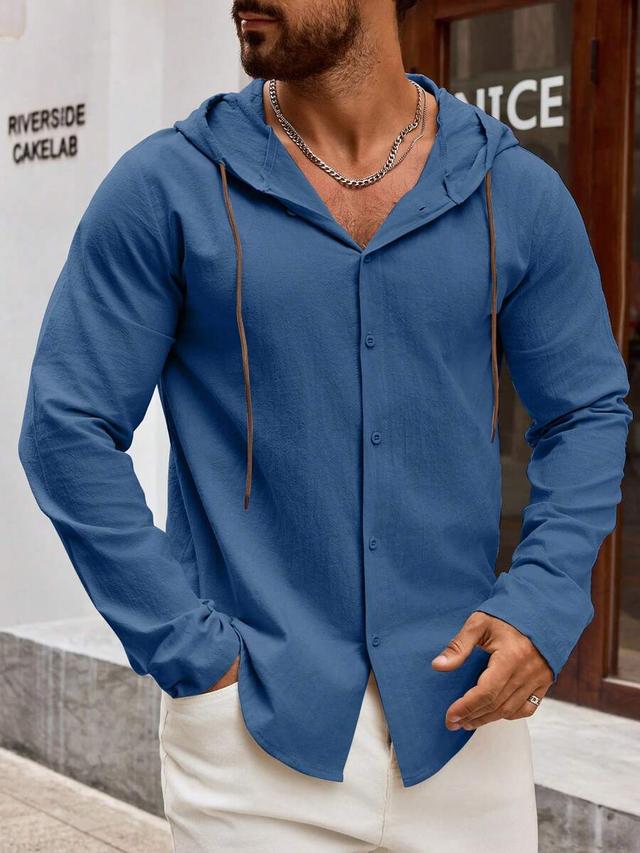 men's blue linen hooded long sleeve casual shirt