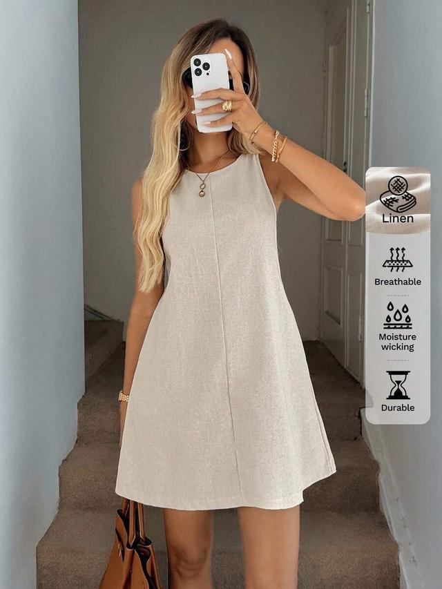 casual minimalist beige linen sleeveless a-line dress