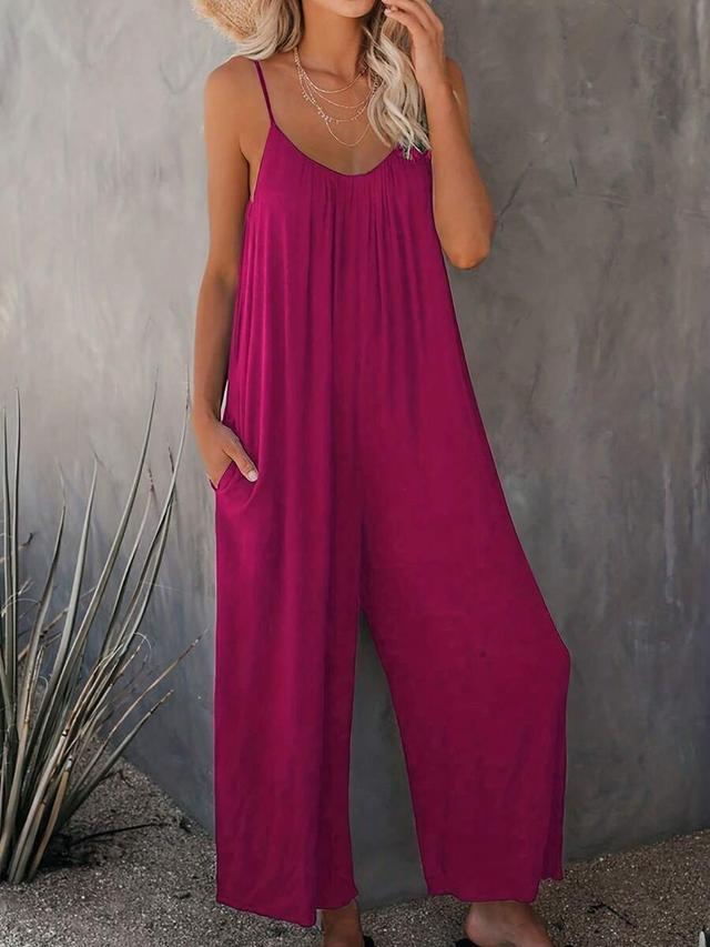 magenta casual wide-leg suspender jumpsuit