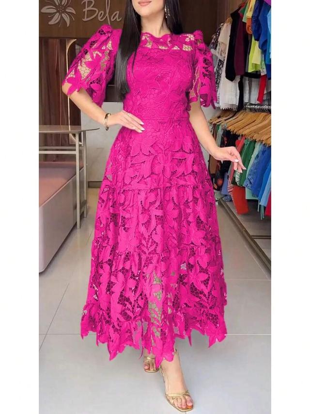 pink floral lace tiered midi dress