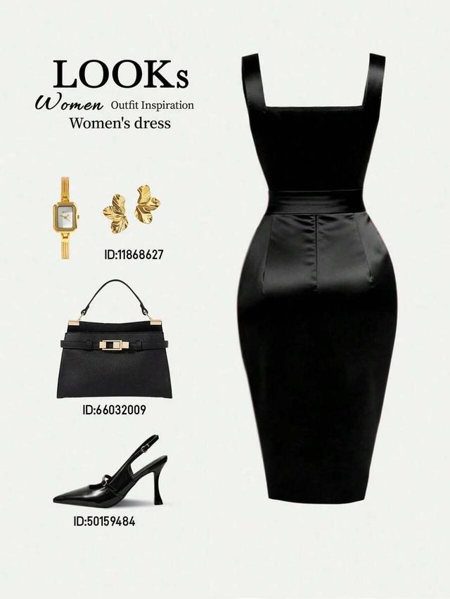 black square neck sleeveless pleated elegant midi dress