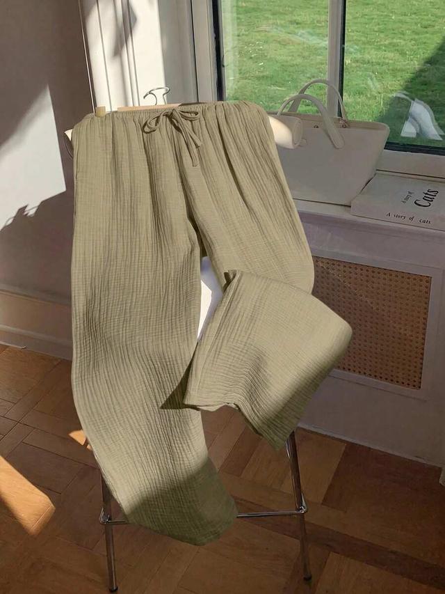 light green casual solid color textured drawstring waist long pants
