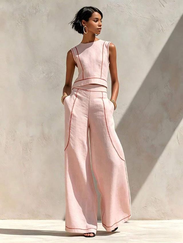 pink sleeveless vest top and wide leg pants set