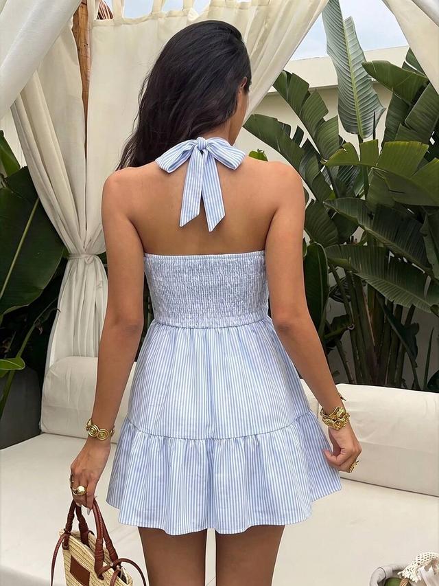 blue and white striped cotton halter mini dress