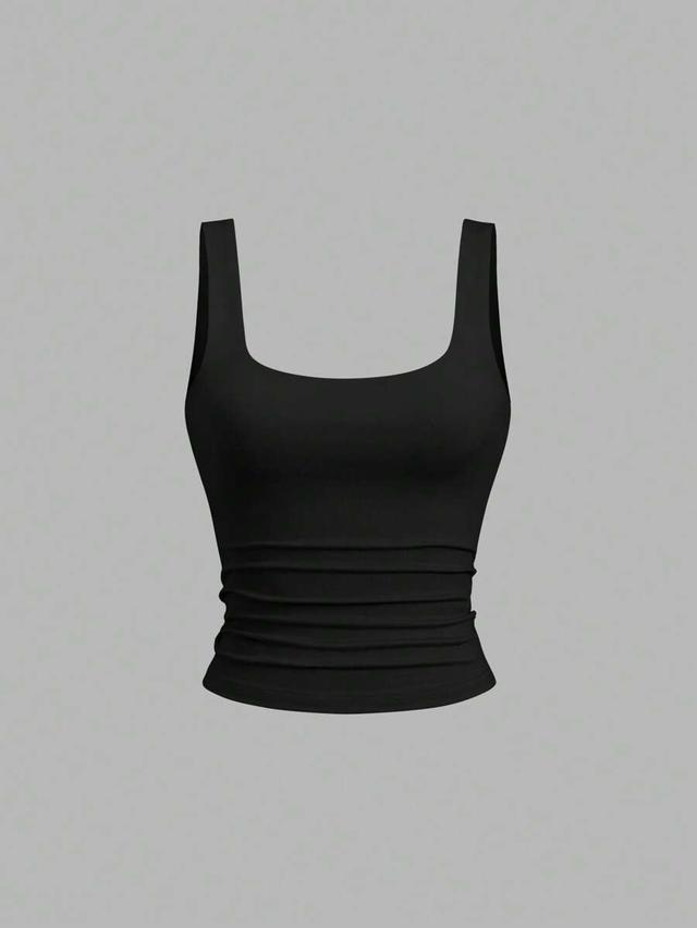 black casual cropped square neck pleated tank top