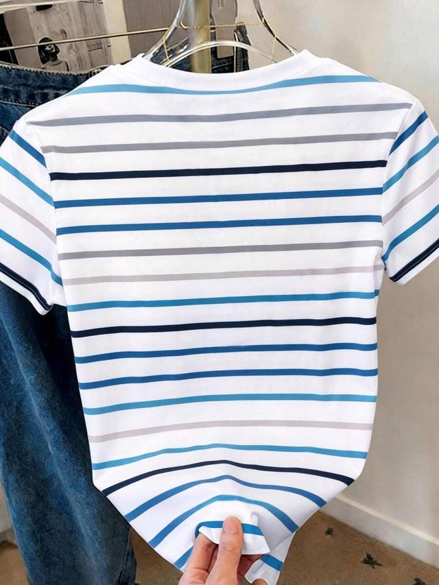 blue stripe resyla women's striped minimalist round neck short sleeve t-shirt