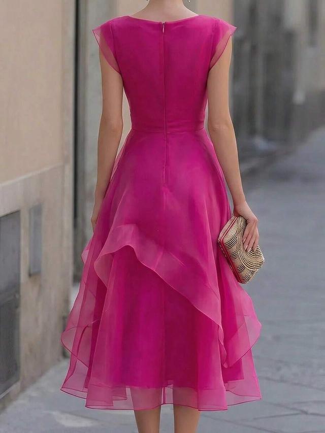 pink layered organza midi dress with draped waist