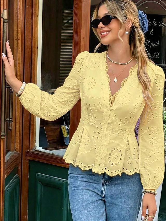 yellow embroidered eyelet blouse with lace trim
