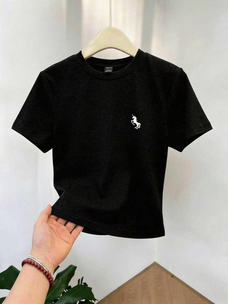 black embroidered unicorn round neck fitted t-shirt