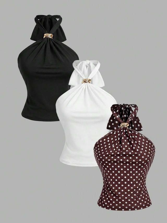 brown polka dot three halter neck camisoles in black white and brown polka