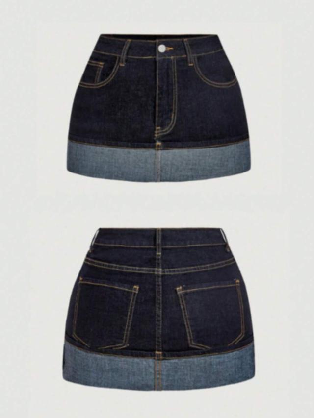 light blue vintage dark wash denim mini skirt with contrast cuff