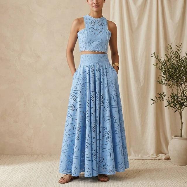 light blue eyelet embroidered sleeveless crop top and maxi skirt