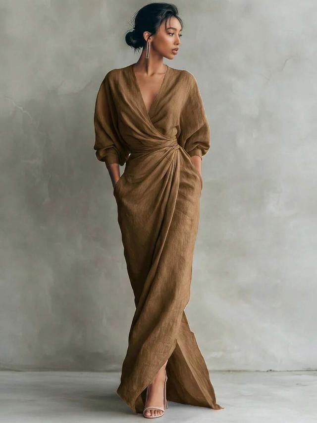 brown wrap maxi dress with draped waist