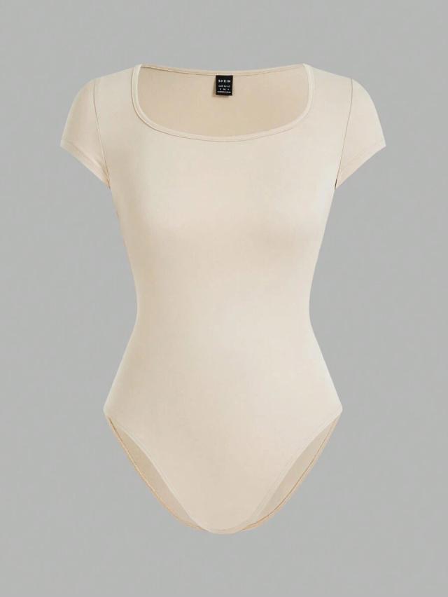 beige round neck short sleeve casual slim fit bodysuit set