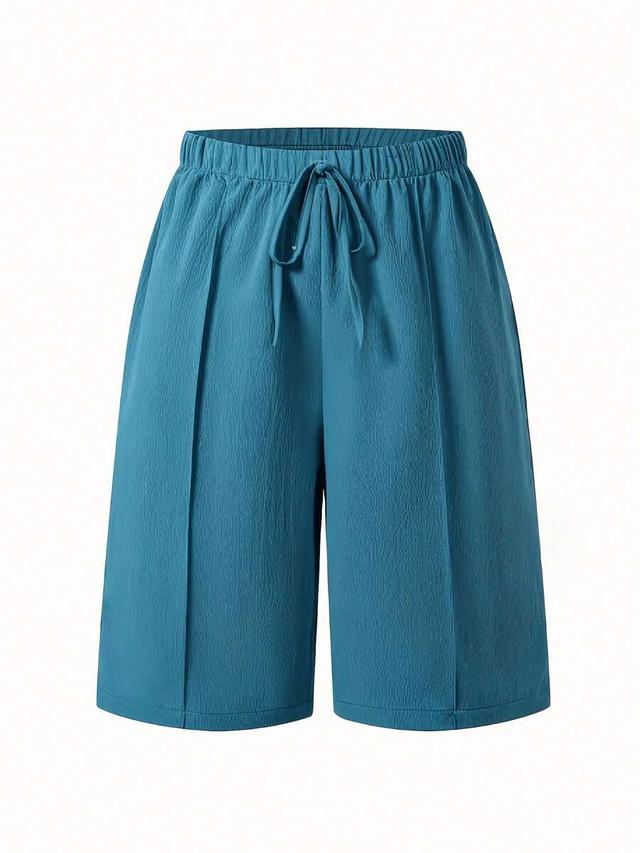blue solid-color casual high-waisted straight-leg shorts