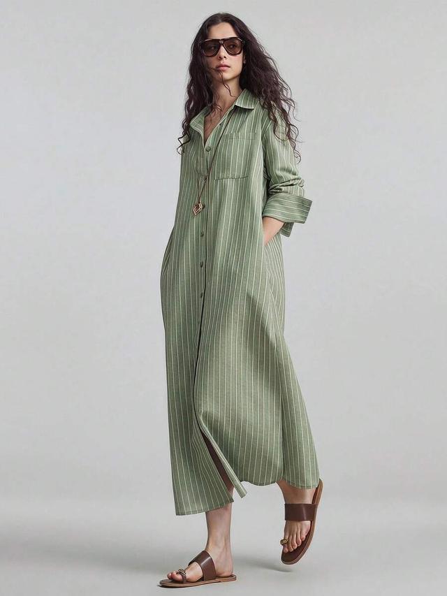 elegant green and white striped button-front shirt dress