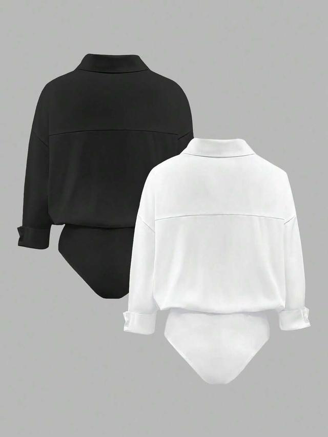 white elegant turndown collar long sleeve bodysuit set