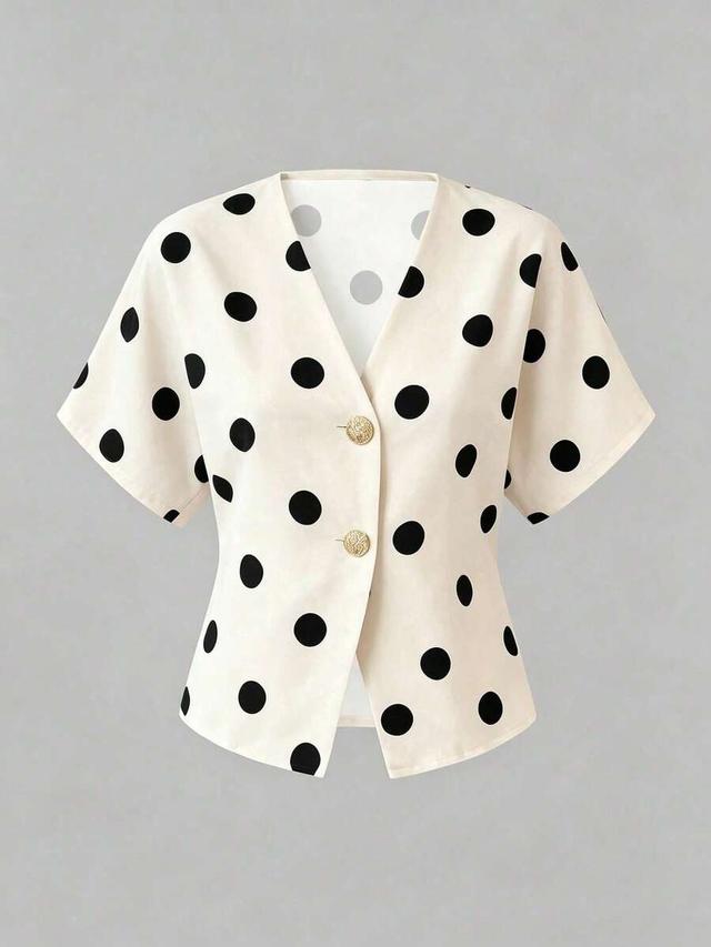 cream aloruh elegant batwing sleeve double-breasted polka dot blouse