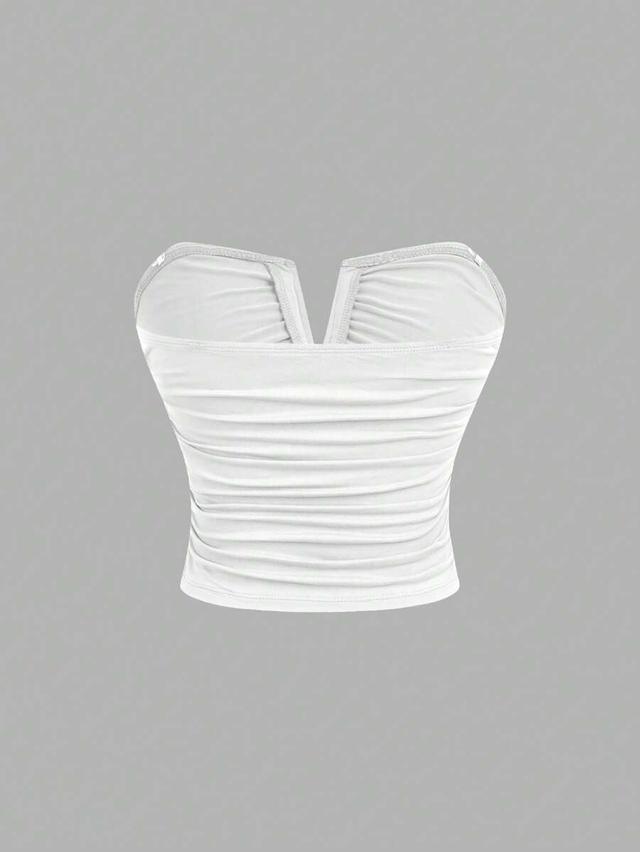 white three ruched deep v-neck tube top in black khaki white
