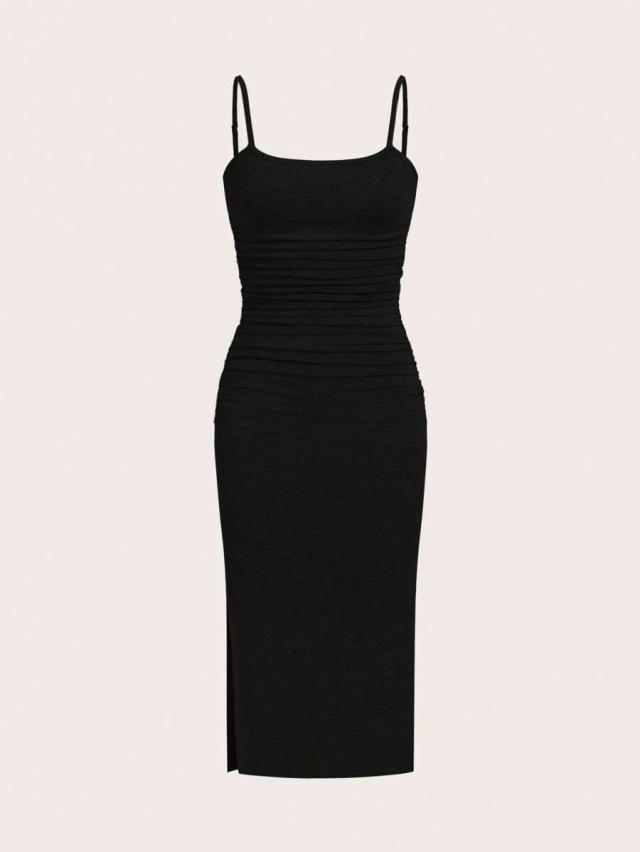black fitted ruched knit slip dress