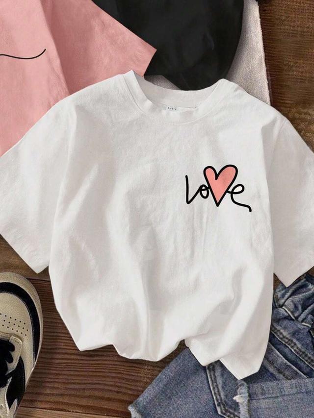 white minimalist heart print round neck short sleeve t-shirt