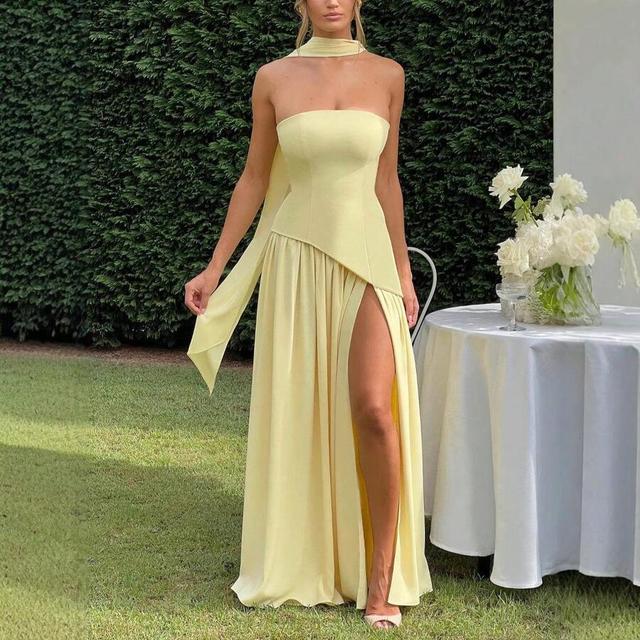 yellow strapless pink crepe maxi dress with high slit