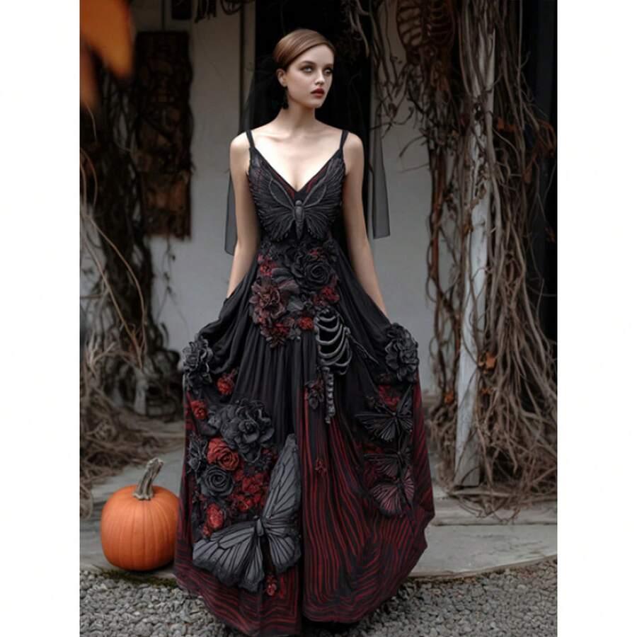 black red bohemian printed maxi dress with deep v-neck