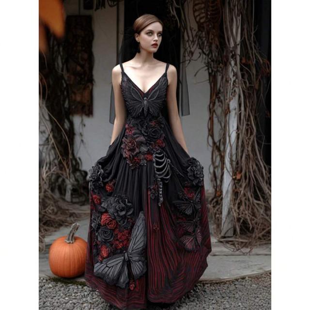 black red bohemian printed maxi dress with deep v-neck