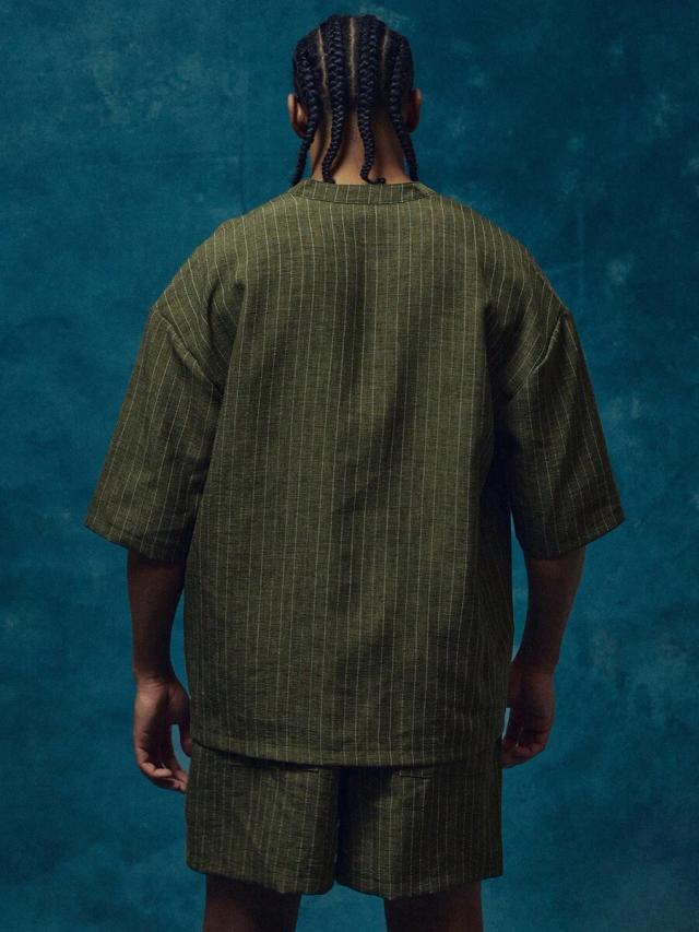 olive pinstripe linen dropped shoulder tunic shirt