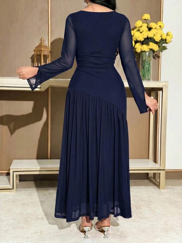 feyla women's solid navy blue asymmetric pleated long dress