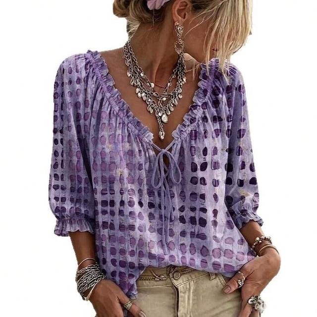 purple elegant abstract geometric polka dot drawstring ruffle edge top