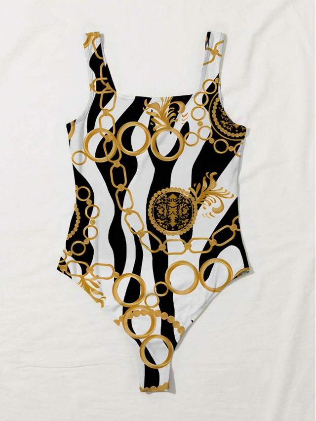 sleeveless colorblock chain print bodysuit